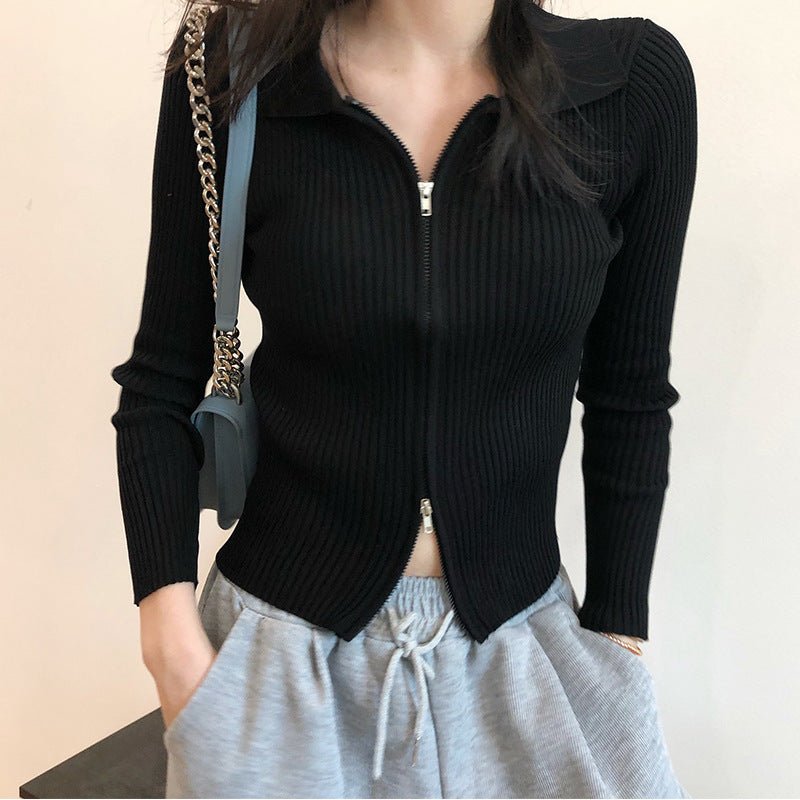 Double - ended zipper pit strip knitted cardigan women's autumn and winter short jacket tight - fitting open - button lapel collar long - sleeved top wholesale - Negative Apparel