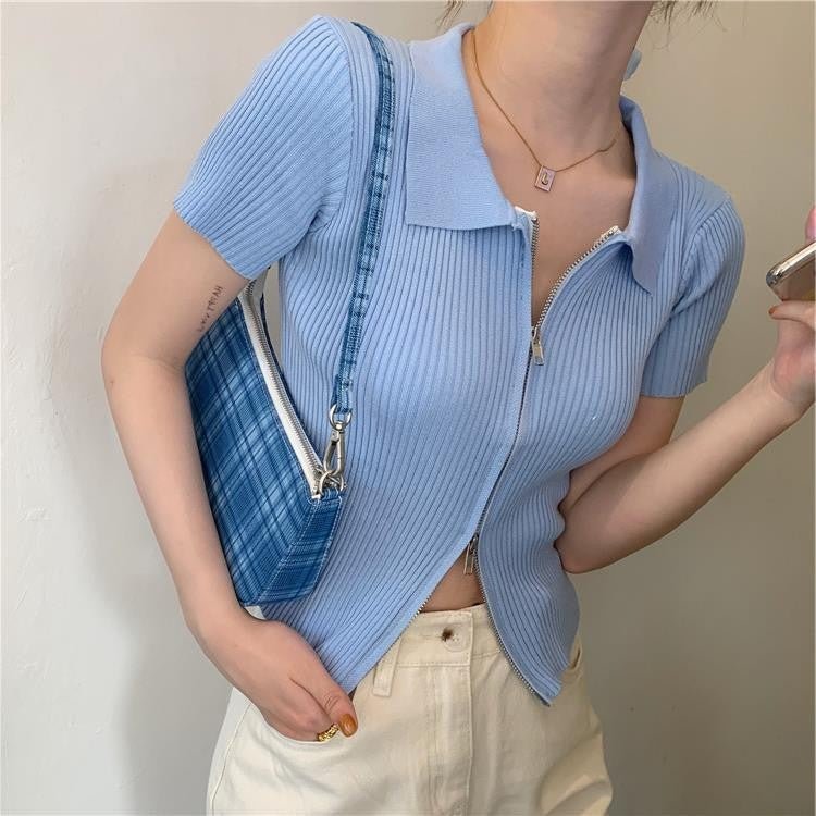 Double - head zipper thin short - sleeved tight knit sweater women's summer Korean top - Negative Apparel