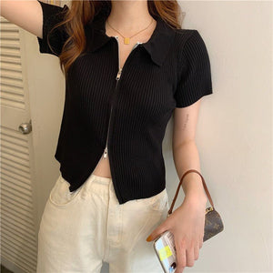 Double - head zipper thin short - sleeved tight knit sweater women's summer Korean top - Negative Apparel