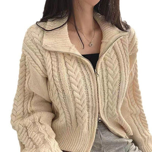 Double zipper twist sweater jacket autumn and winter 2023 new Korean version retro temperament student women's knitted cardigan jacket - Negative Apparel