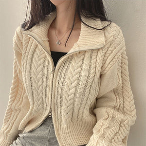 Double zipper twist sweater jacket autumn and winter 2023 new Korean version retro temperament student women's knitted cardigan jacket - Negative Apparel
