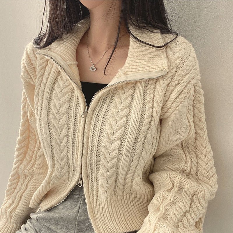 Double zipper twist sweater jacket autumn and winter 2023 new Korean version retro temperament student women's knitted cardigan jacket - Negative Apparel