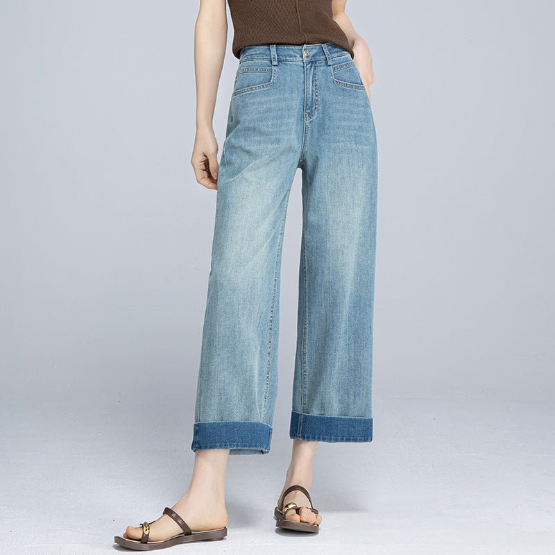 Drape pear - shaped body nine - point straight hemp jeans women's new fashion commuter versatile casual pants - Negative Apparel