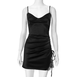 Drawstring pleated stitching lace bodycon dress - Negative Apparel