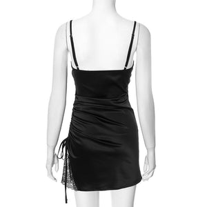 Drawstring pleated stitching lace bodycon dress - Negative Apparel