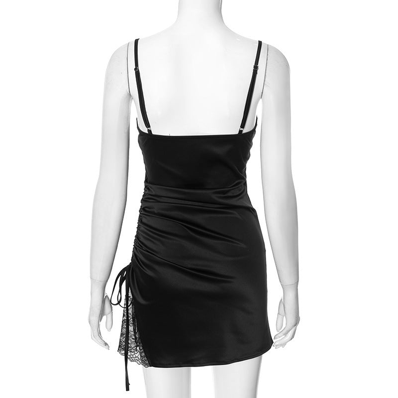 Drawstring pleated stitching lace bodycon dress - Negative Apparel