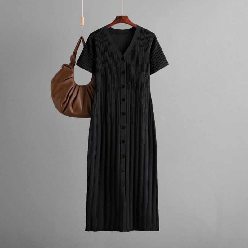 Dress women's summer casual V - neck solid color short - sleeved long dress 2025 new foreign style waist and thin knitted skirt - Negative Apparel