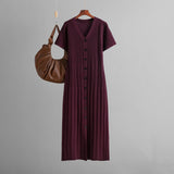 Dress women's summer casual V - neck solid color short - sleeved long dress 2025 new foreign style waist and thin knitted skirt - Negative Apparel