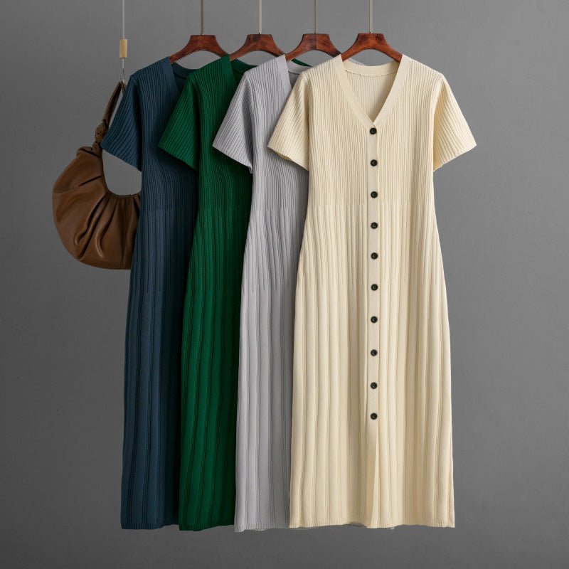 Dress women's summer casual V - neck solid color short - sleeved long dress 2025 new foreign style waist and thin knitted skirt - Negative Apparel