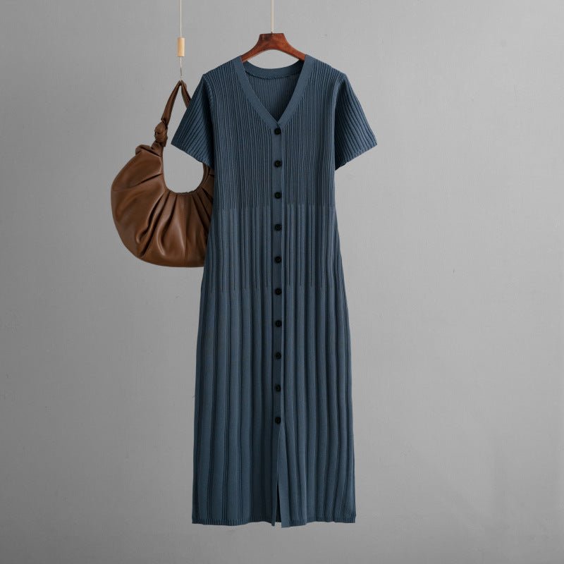 Dress women's summer casual V - neck solid color short - sleeved long dress 2025 new foreign style waist and thin knitted skirt - Negative Apparel