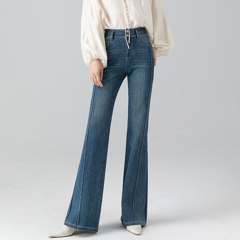 Elastic pear - shaped slim pants for women's spring 2024 new high - waisted double - breasted slightly pulled jeans - Negative Apparel