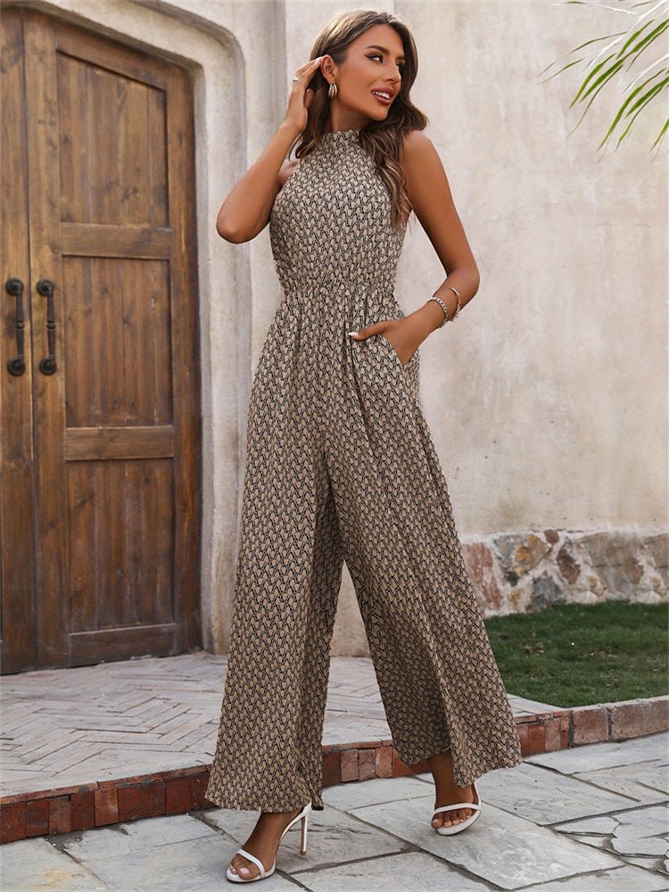 Elastic waist high collar halter neck sleeveless floral wide - leg casual pants jumpsuit - Negative Apparel