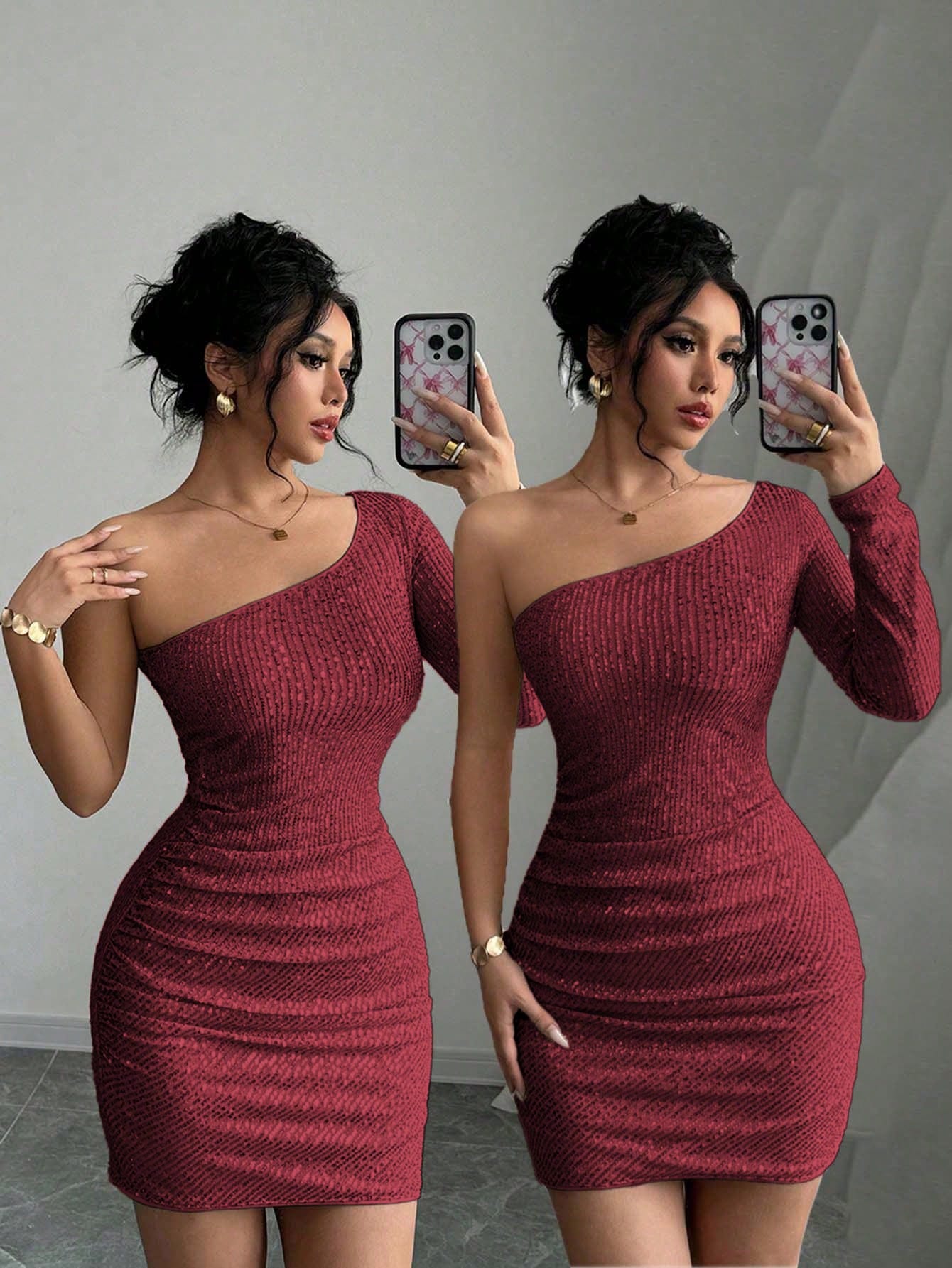 Elegant And Charming Asymmetrical Shoulder Sparkling Bodycon Dress For New Year Holiday Party Clothes Sequin Women Outfit - Negative Apparel