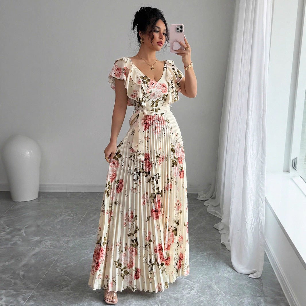 Elegant Apricot V‑Neck Pleated Maxi Dress with Lotus‑Leaf Sleeves - Negative Apparel