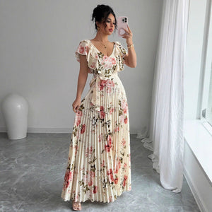 Elegant Apricot V‑Neck Pleated Maxi Dress with Lotus‑Leaf Sleeves - Negative Apparel