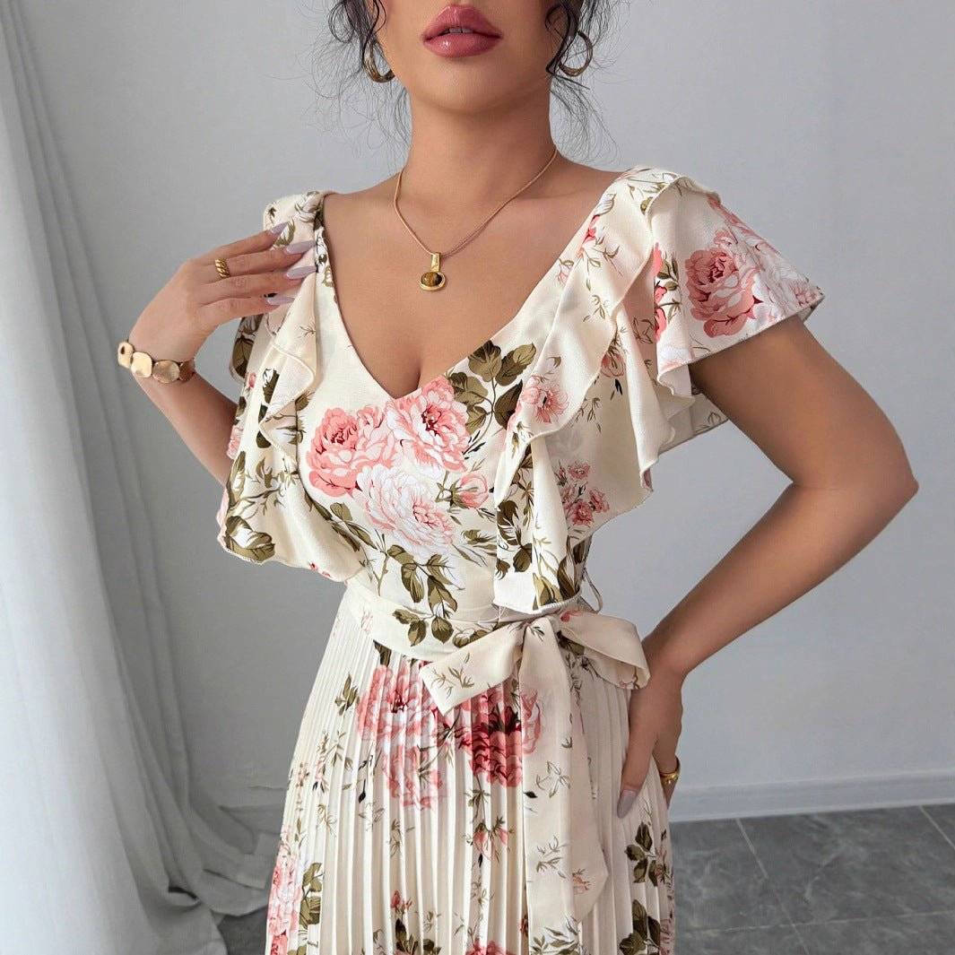 Elegant Apricot V‑Neck Pleated Maxi Dress with Lotus‑Leaf Sleeves - Negative Apparel
