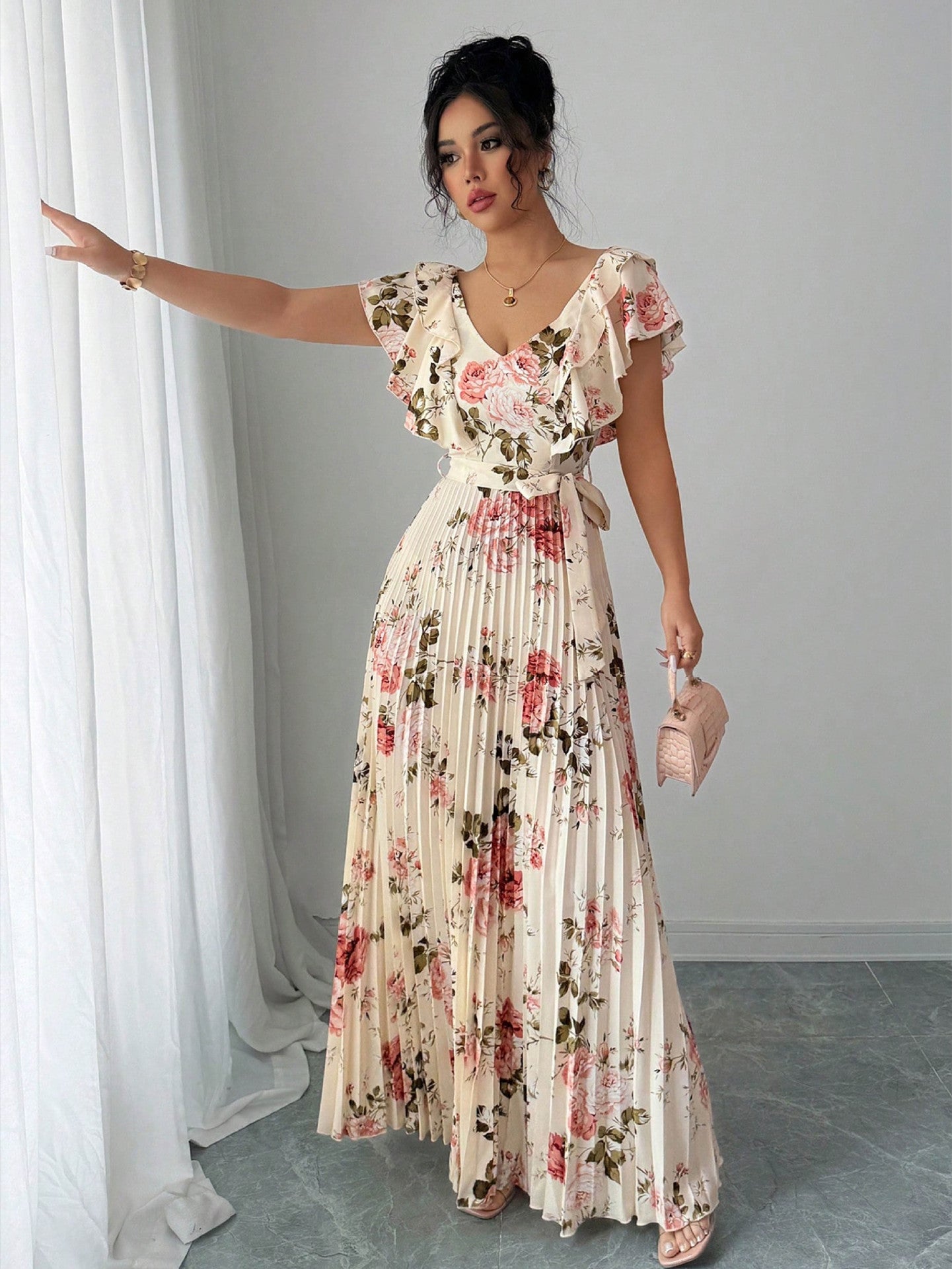 Elegant Apricot V‑Neck Pleated Maxi Dress with Lotus‑Leaf Sleeves - Negative Apparel