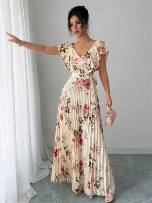 Elegant Apricot V‑Neck Pleated Maxi Dress with Lotus‑Leaf Sleeves - Negative Apparel