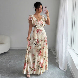 Elegant Apricot V‑Neck Pleated Maxi Dress with Lotus‑Leaf Sleeves - Negative Apparel