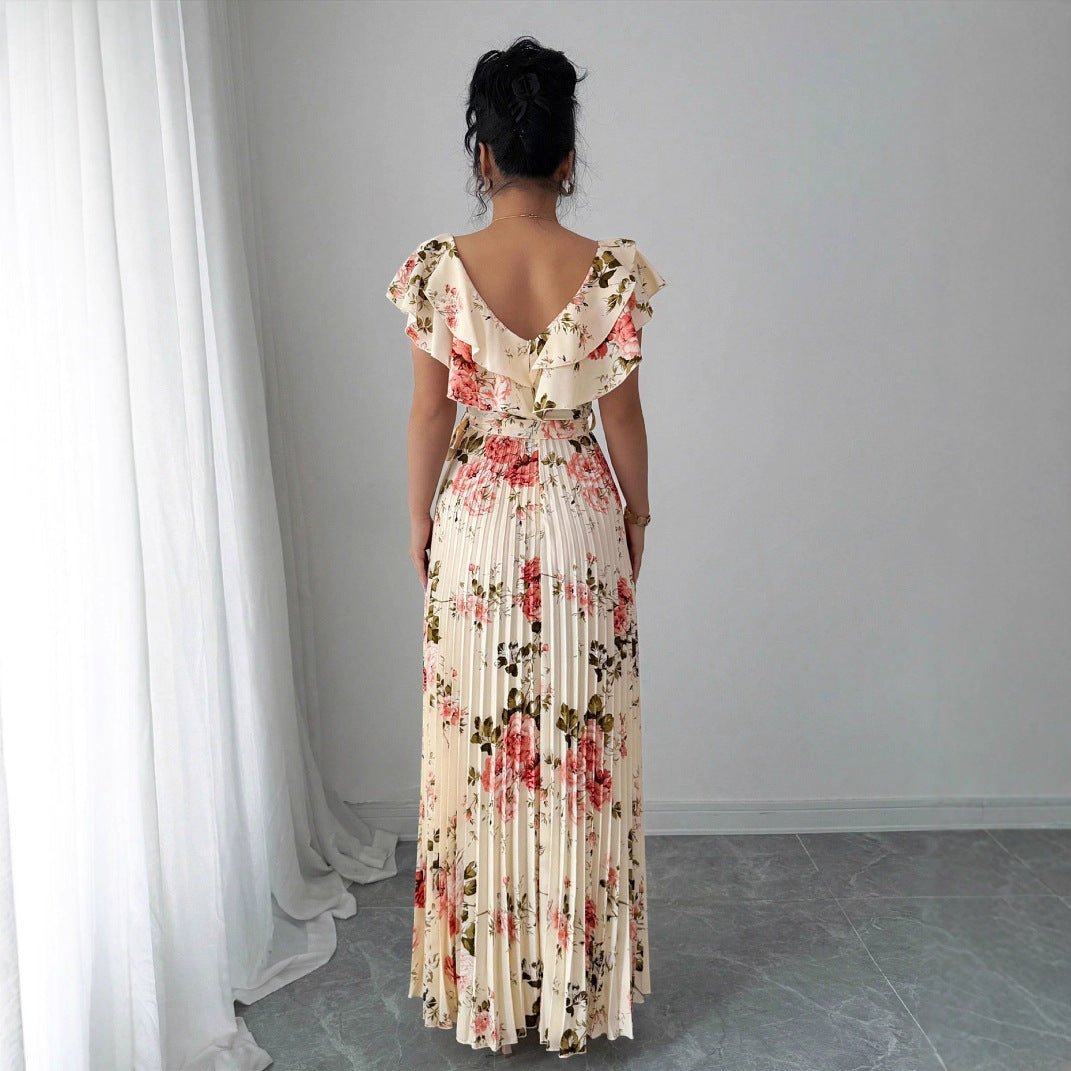 Elegant Apricot V‑Neck Pleated Maxi Dress with Lotus‑Leaf Sleeves - Negative Apparel