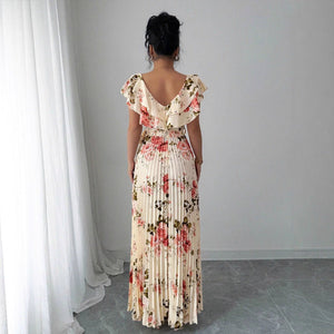 Elegant Apricot V‑Neck Pleated Maxi Dress with Lotus‑Leaf Sleeves - Negative Apparel