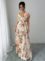 Elegant Apricot V‑Neck Pleated Maxi Dress with Lotus‑Leaf Sleeves - Negative Apparel