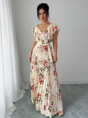 Elegant Apricot V‑Neck Pleated Maxi Dress with Lotus‑Leaf Sleeves - Negative Apparel