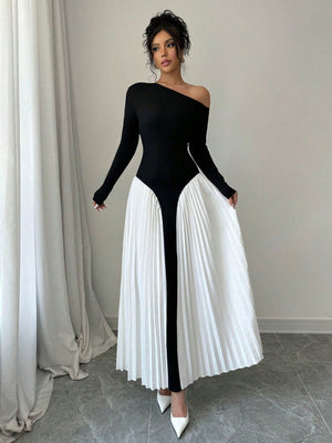 Elegant Asymmetric Pleated Puff Shoulder Women Dress Maxi Women Outfit - Negative Apparel