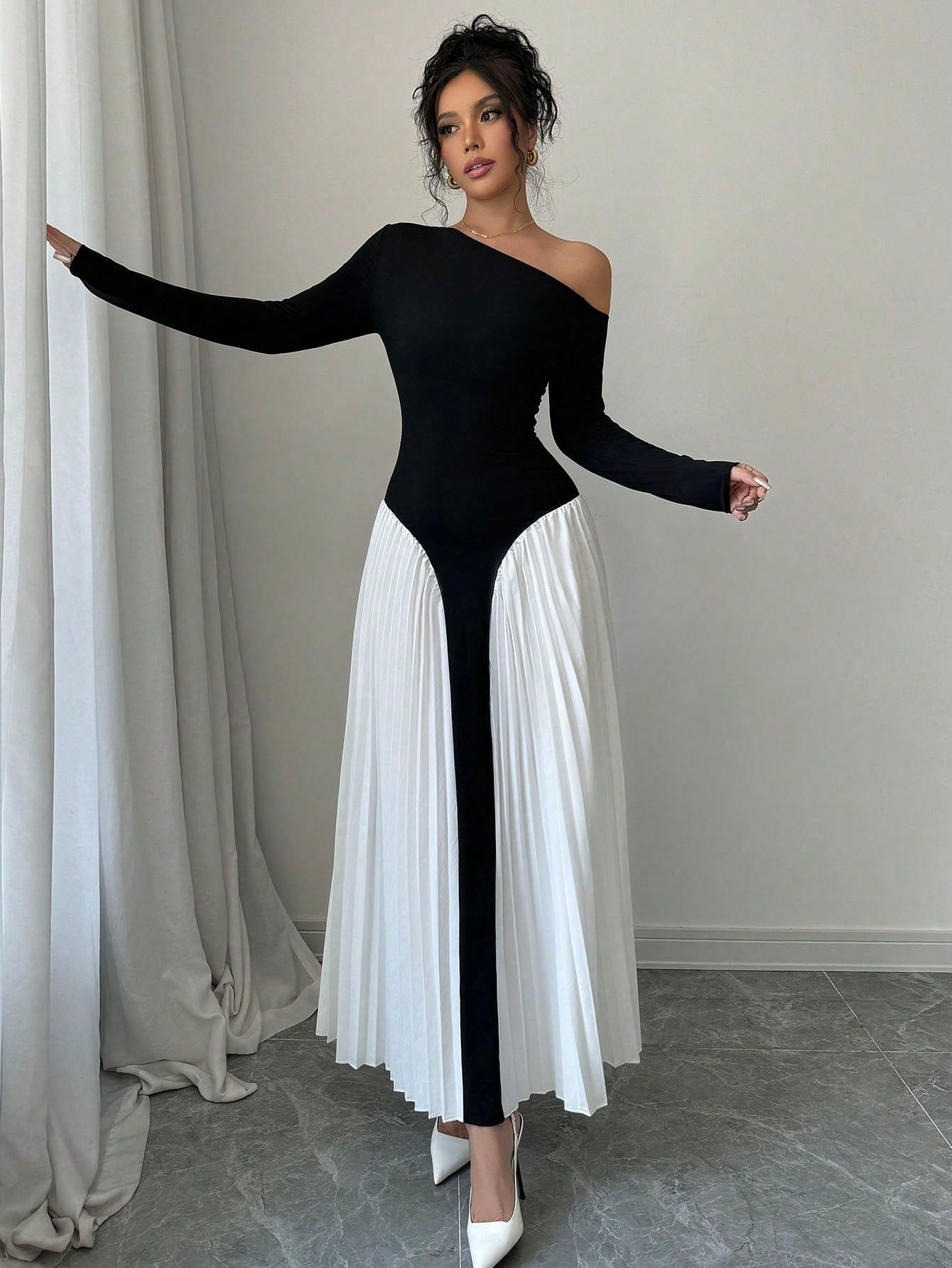 Elegant Asymmetric Pleated Puff Shoulder Women Dress Maxi Women Outfit - Negative Apparel