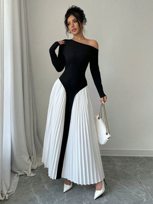 Elegant Asymmetric Pleated Puff Shoulder Women Dress Maxi Women Outfit - Negative Apparel