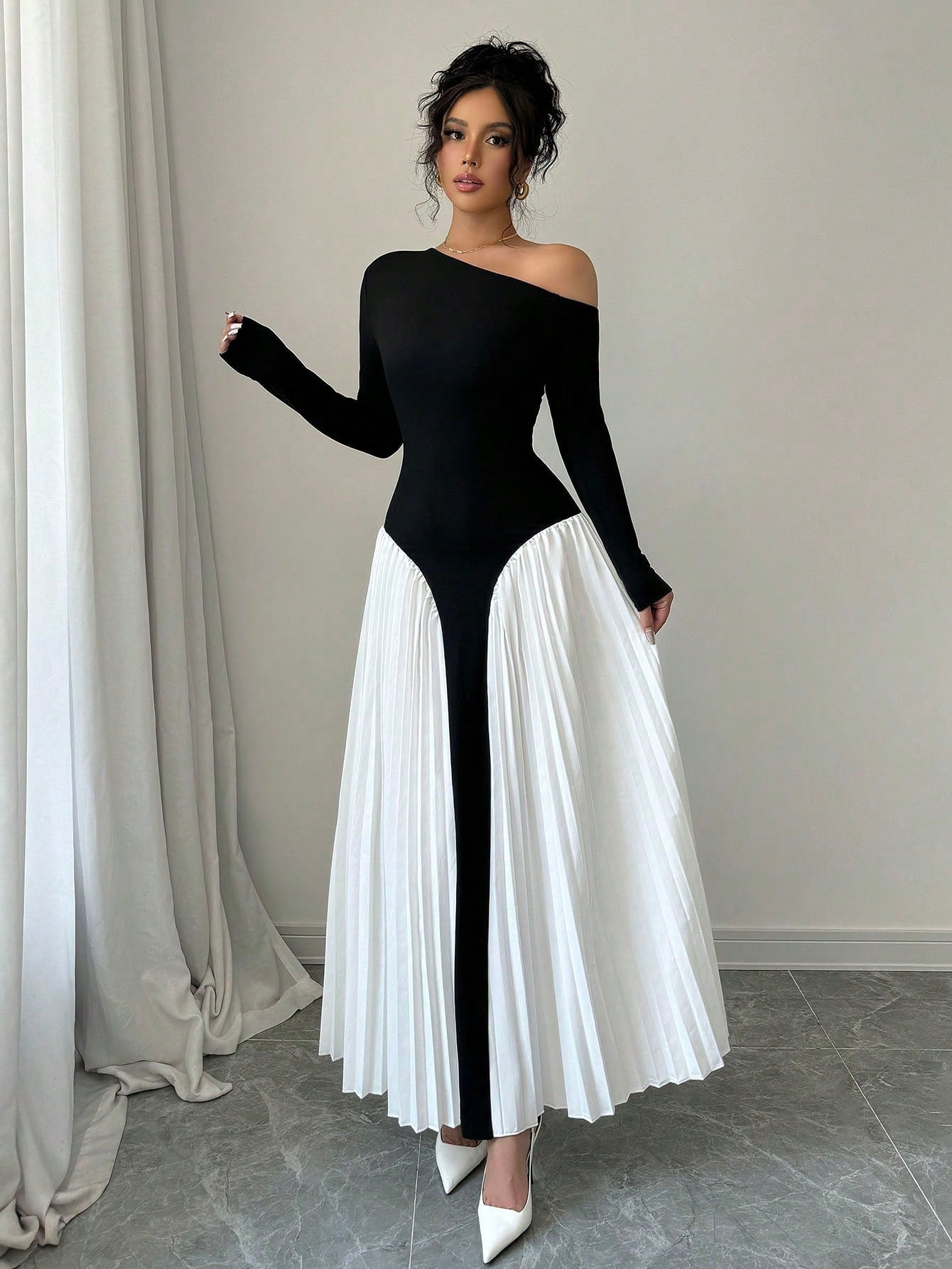 Elegant Asymmetric Pleated Puff Shoulder Women Dress Maxi Women Outfit - Negative Apparel