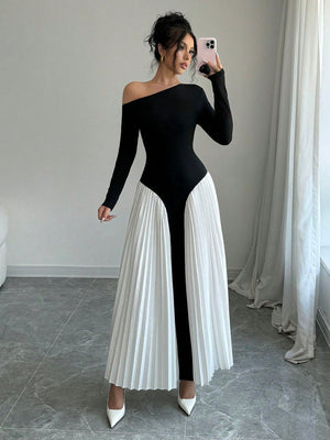 Elegant Asymmetric Pleated Puff Shoulder Women Dress Maxi Women Outfit - Negative Apparel