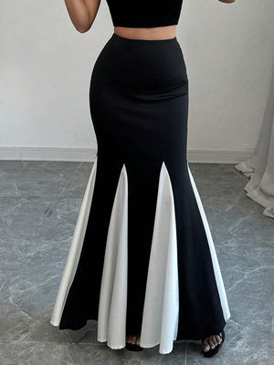 Elegant Black & White Splice Mermaid Skirt - Negative Apparel