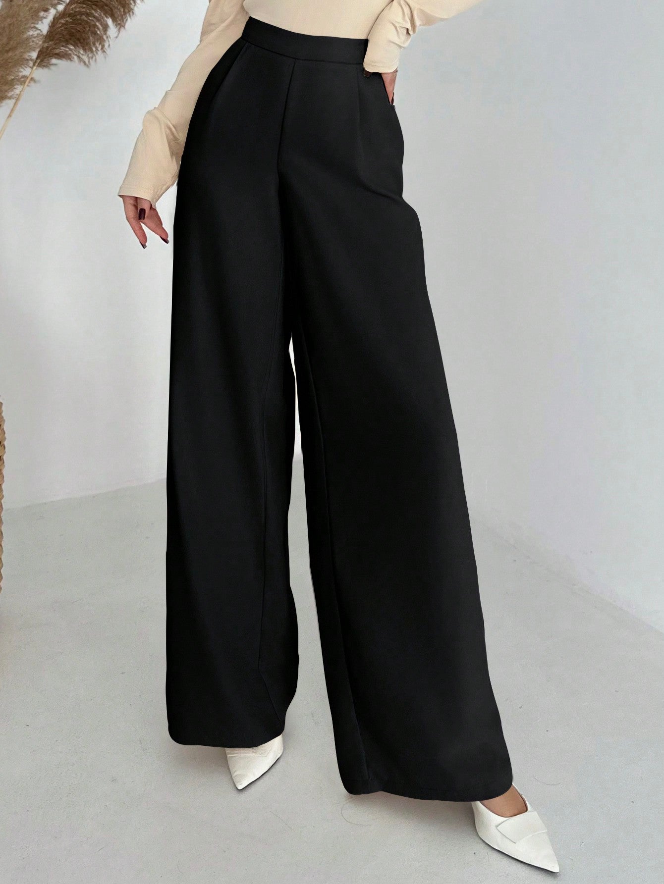 Elegant Casual Commuting All - Match High - Waisted Pleated Wide - Leg Long Pants, Luxury Retro Style - Negative Apparel