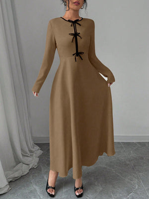 Elegant Color - Blocking Bow Round Neck Cinched Waist Long Sleeve Dress - Negative Apparel