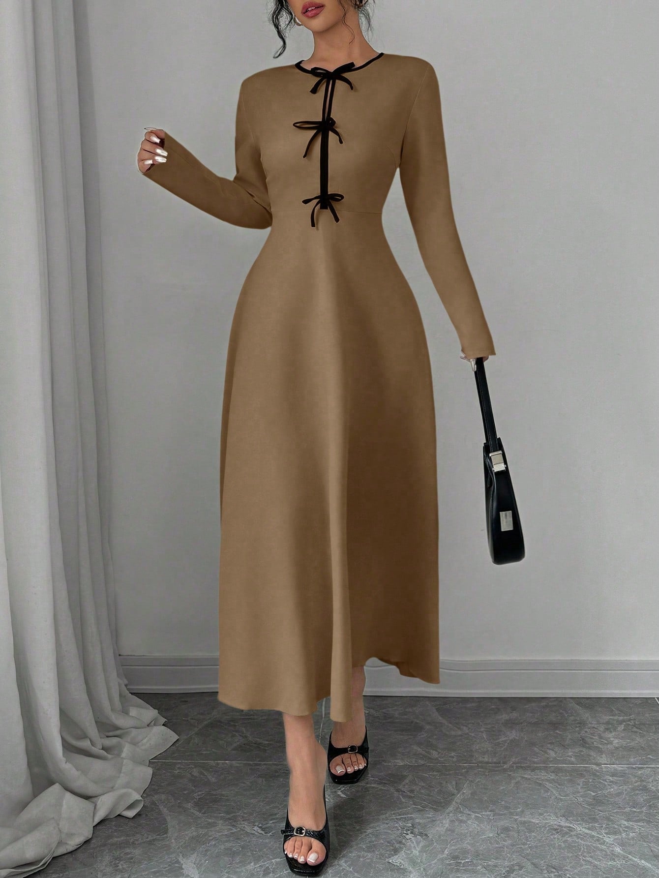 Elegant Color - Blocking Bow Round Neck Cinched Waist Long Sleeve Dress - Negative Apparel