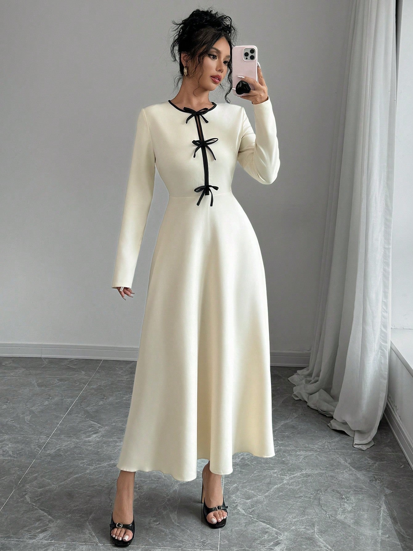 Elegant Color - Blocking Bow Round Neck Cinched Waist Long Sleeve Dress - Negative Apparel