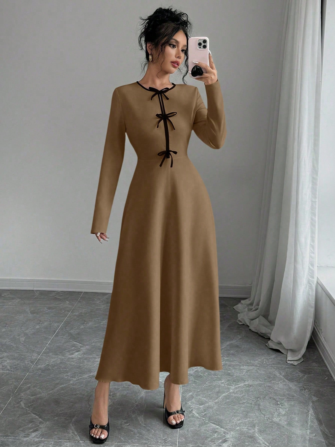 Elegant Color - Blocking Bow Round Neck Cinched Waist Long Sleeve Dress - Negative Apparel