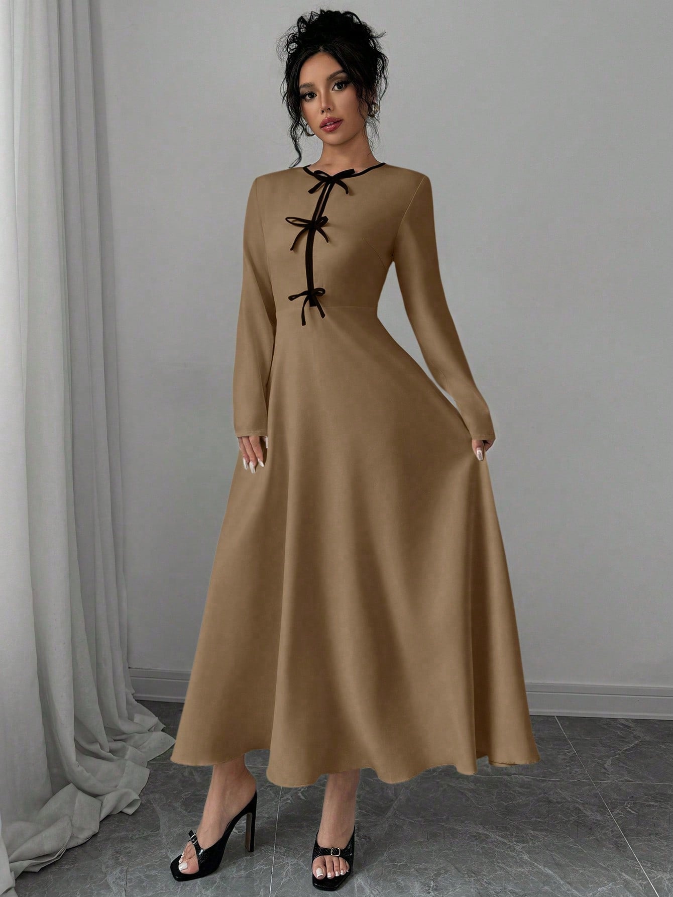 Elegant Color - Blocking Bow Round Neck Cinched Waist Long Sleeve Dress - Negative Apparel