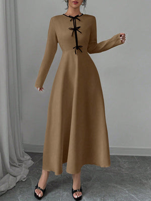 Elegant Color - Blocking Bow Round Neck Cinched Waist Long Sleeve Dress - Negative Apparel