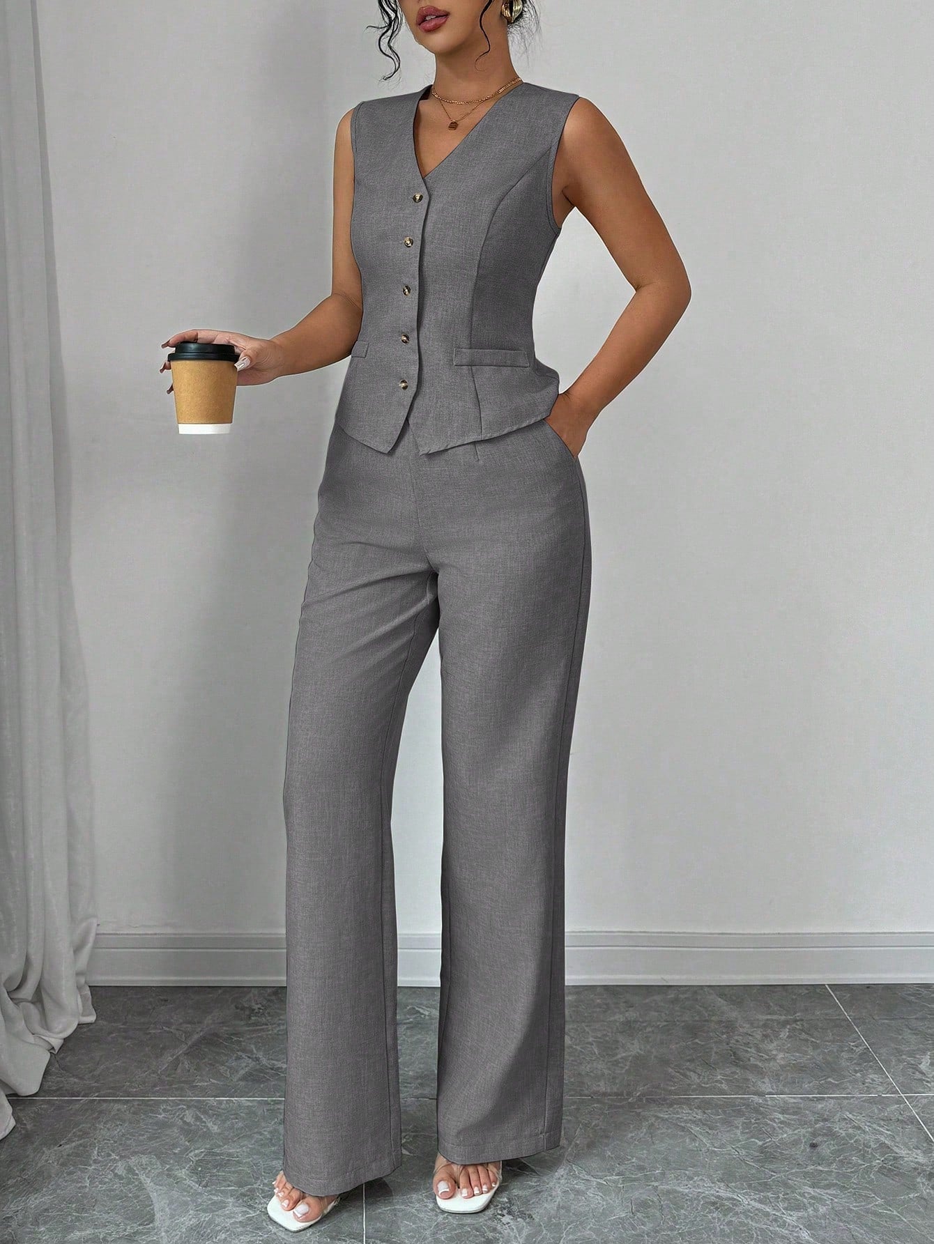 Elegant Fashionable Commuter Casual Sleeveless V - Neck Elastic Waist Back Tie Vest And Straight Leg Pants Suit Set - Negative Apparel