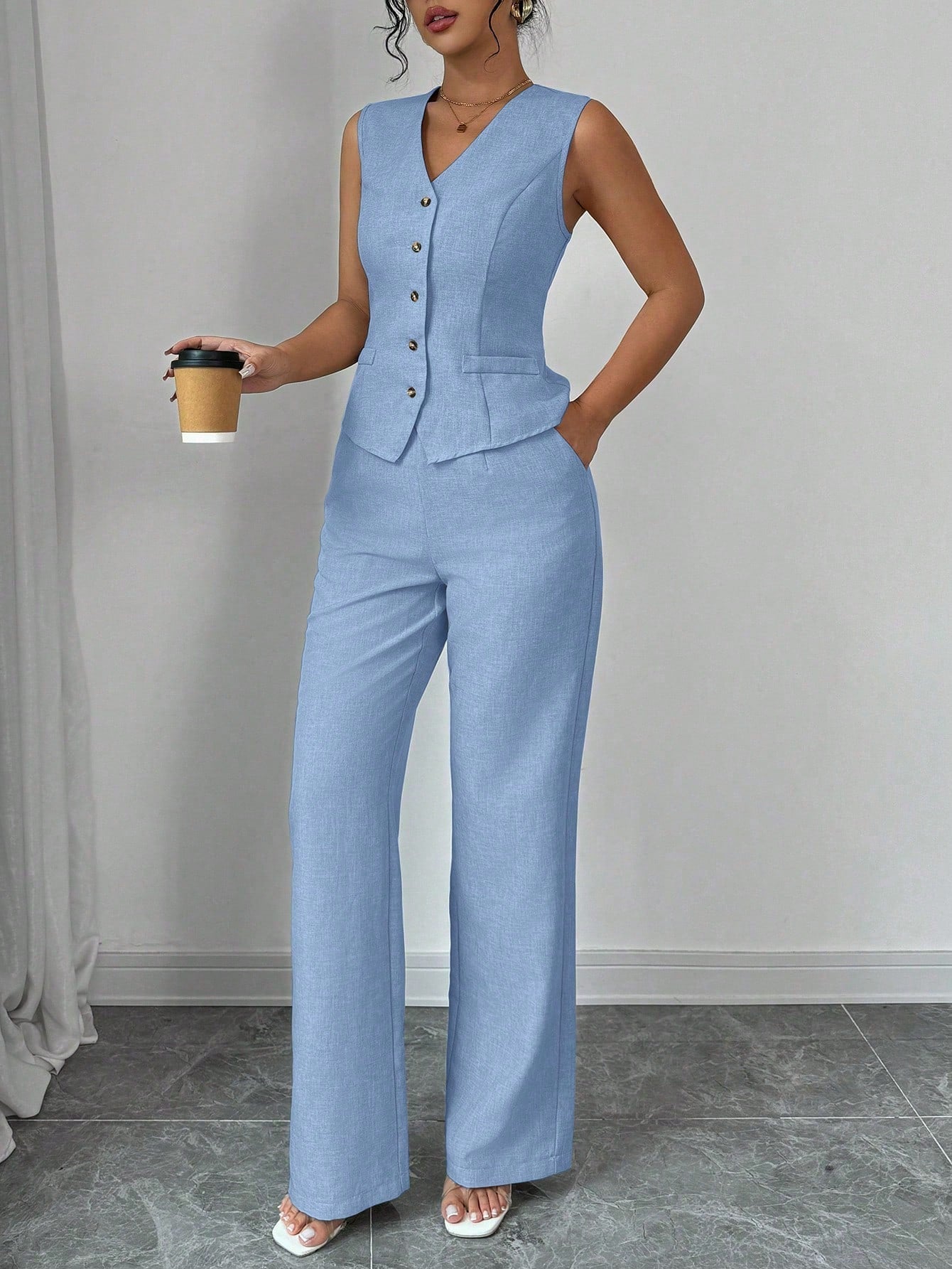 Elegant Fashionable Commuter Casual Sleeveless V - Neck Elastic Waist Back Tie Vest And Straight Leg Pants Suit Set - Negative Apparel