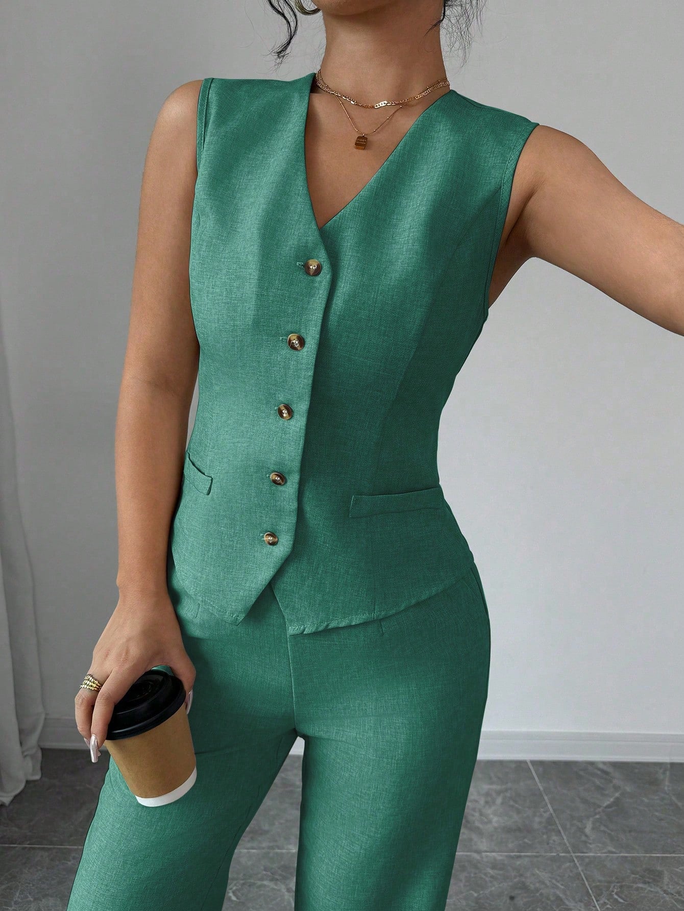 fashionable v necks dress sets Elegant Fashionable Commuter Casual Sleeveless V-Neck Elasti – Negative Apparel