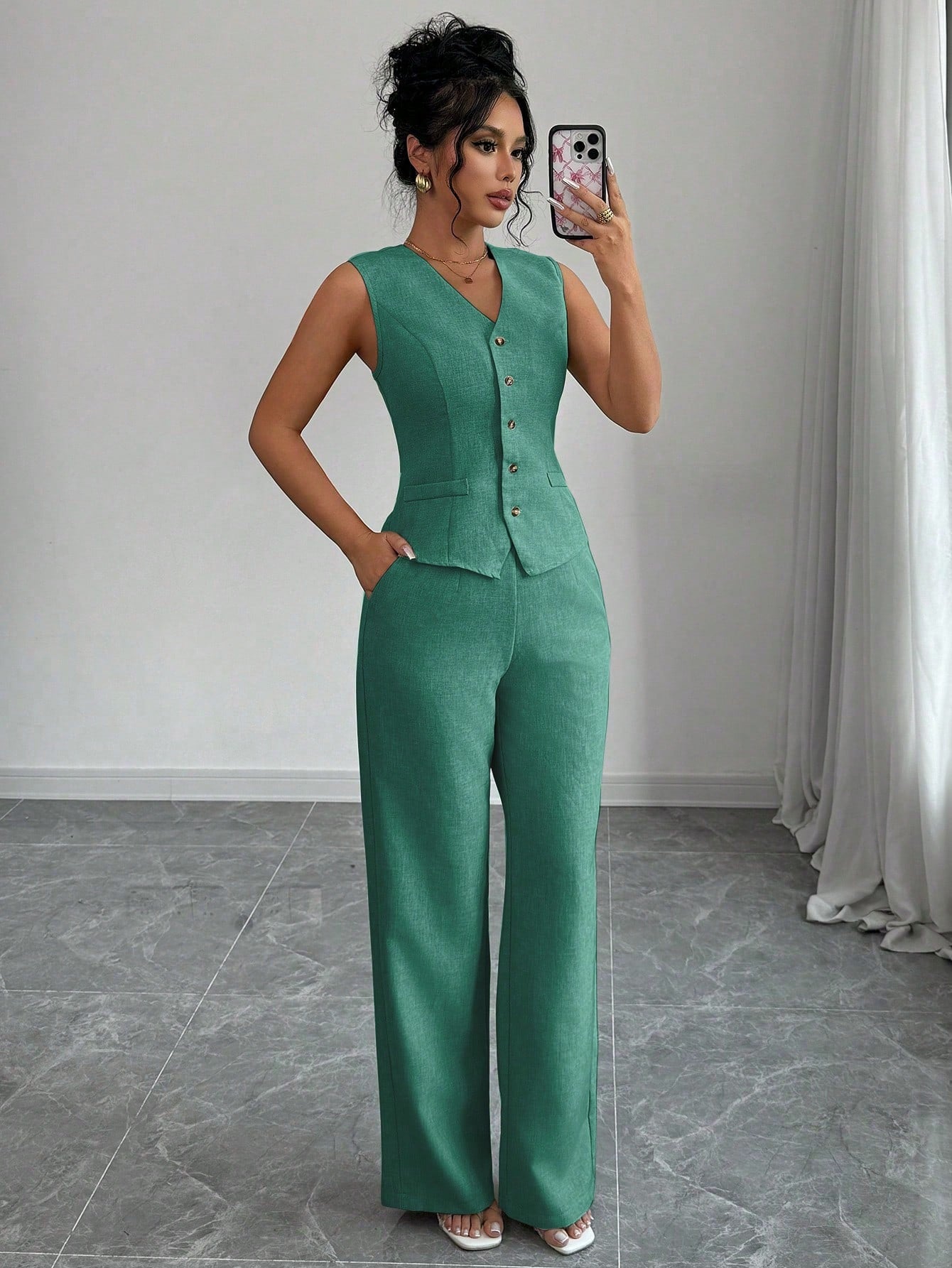 Elegant Fashionable Commuter Casual Sleeveless V - Neck Elastic Waist Back Tie Vest And Straight Leg Pants Suit Set - Negative Apparel