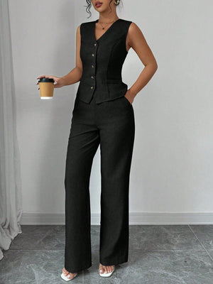 Elegant Fashionable Commuter Casual Sleeveless V - Neck Elastic Waist Back Tie Vest And Straight Leg Pants Suit Set - Negative Apparel