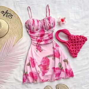 Elegant Floral Suspender A - Line Short Dress with Fungus - Edge Skirt – Spring 2025 - Negative Apparel