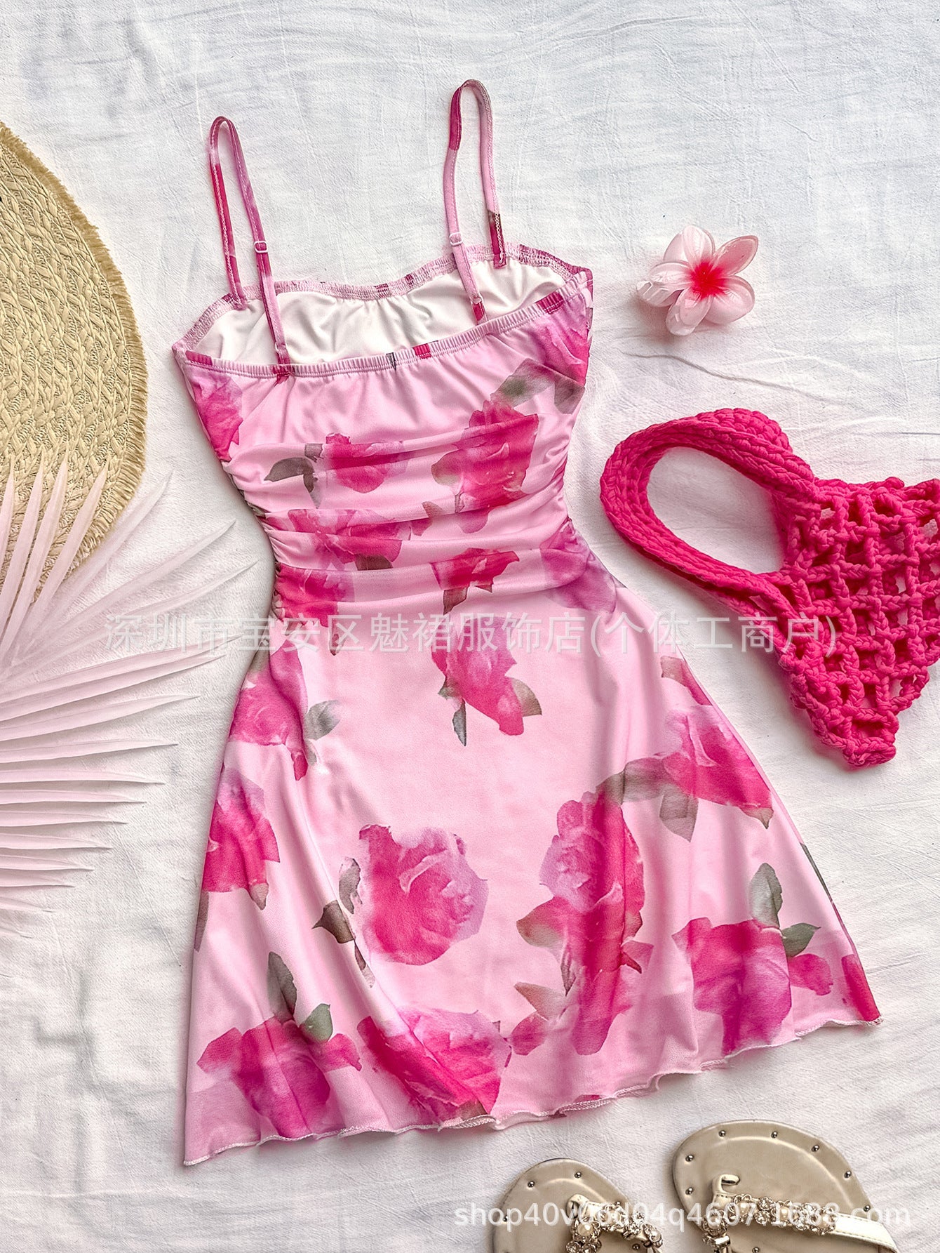 Elegant Floral Suspender A - Line Short Dress with Fungus - Edge Skirt – Spring 2025 - Negative Apparel