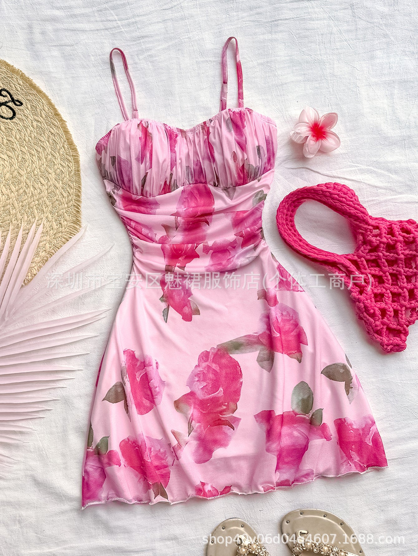 Elegant Floral Suspender A - Line Short Dress with Fungus - Edge Skirt – Spring 2025 - Negative Apparel
