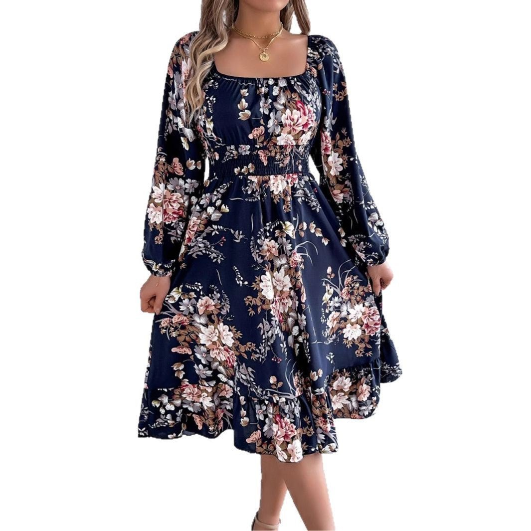 Elegant flower square collar long sleeve waist ruffled A - line dress - Negative Apparel