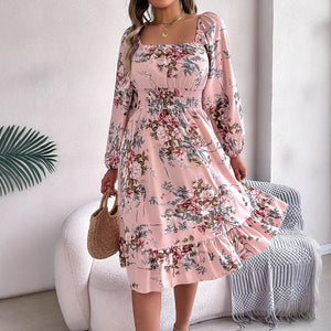 Elegant flower square collar long sleeve waist ruffled A - line dress - Negative Apparel